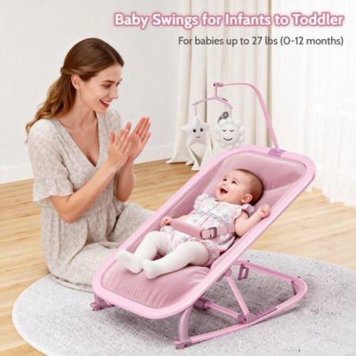 Baby Rocking Bassinet Infant Swing with Safety Harness & Hanging Toys, Black Soft Padded Newborn Lounger, Pink