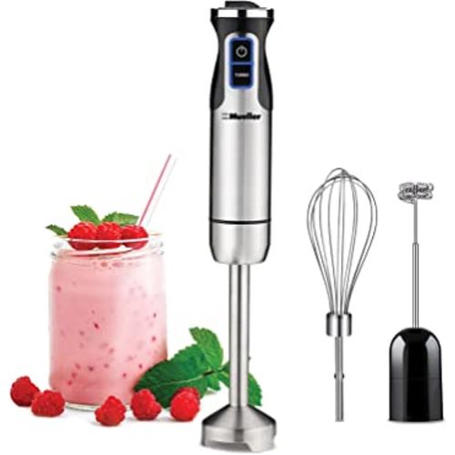 Mueller Ultra-Stick 500 Watt 9-Speed Immersion Multi-Purpose Hand Blender Heavy Duty Copper Motor Brushed 304 Stainless Steel With Whisk, Milk Frother Attachments