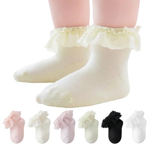 EPEIUS Baby Lace Socks Newborn Girl Eyelet Ruffle Socks Infant Toddler Dress Crew Sox 0-6/6-12/12-24 Months