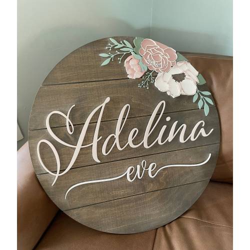 Custom Wood Baby Name Sign: Floral Peony Nursery Decor