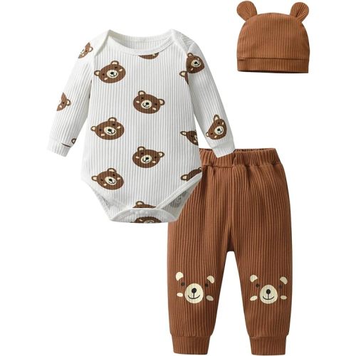 Kulcerry Newborn Baby Boy Clothes Long Sleeve Ribbed Bear Print Bodysuit Pants Hat Infant 3pcs Outfits Set