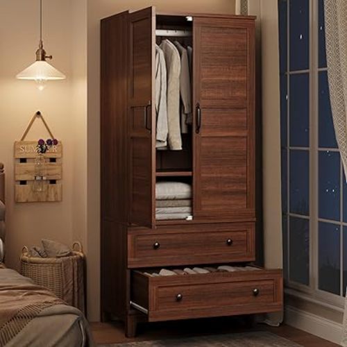 GarveeHome Armoire Wardrobe Closet with 2 Drawers,72" Wooden Wardrobe Cabinet with Hanging Rod, Tall Clothing Armoire Cabinet with Doors and 18 Adjustable Shelves for Bedroom, Clothes,Walunt Brown