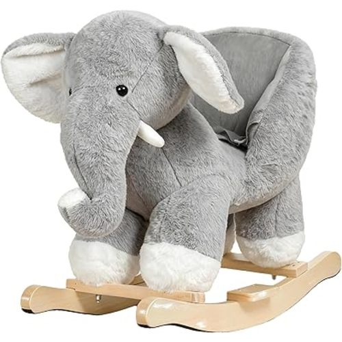 Baby Rocking Horse, Plush Elephant Riding Horse with Music, Wooden Rocking Horse for Toddlers 1 Year Old, Gray Stuffed Ride-on Rocker Animals Toy for Baby Boys and Girls Christmas Birthday Gift Gray