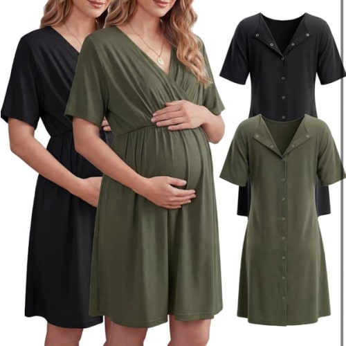 2 Pack Labor and Delivery Gown for Hospital Maternity Nursing Short Sleeve Gown Button Back Birth Recovery Sleepwear