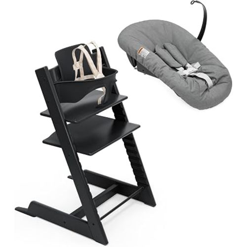 Stokke Tripp Trapp High Chair², Black (Includes Chair & Baby Set) with Newborn Set (Anthracite) - Safe, Adjustable, Ergonomic Design