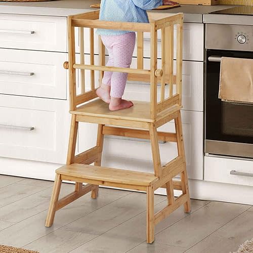 COSYLAND Kids Kitchen Step Stool，Toddler Standing Tower with CPC Certification, Removable Anti-Drop Railing Safety Rail Unique Patented Design Anti-tip Structure More Stable, 1.5-3 yrs Natural Bamboo