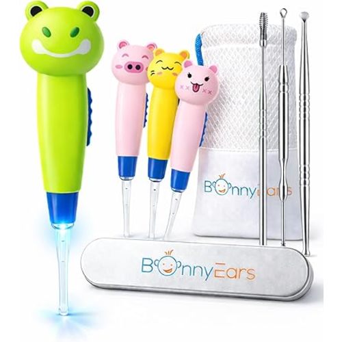 Ear Wax Removal Tool with Led Light for Kids - Toddlers, Infants, Baby and Adult by BonnyEars | Stainless Steel Earwax Remover Kit | Ear Pick Spoon Curette Tweezers Cleaning