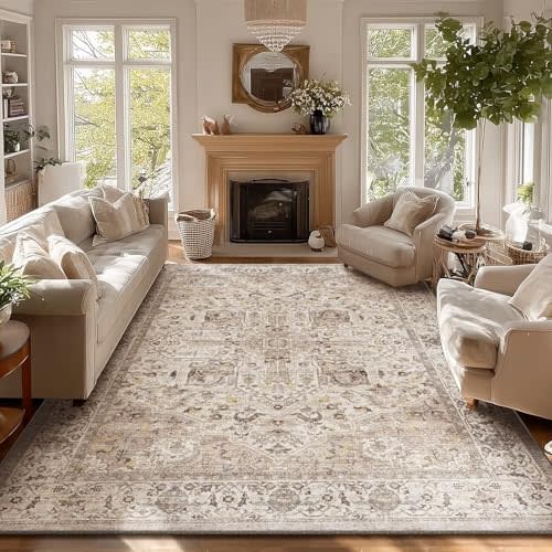 8x10 Area Rugs for Living Room, Washable Boho Non-Slip Vintage Distress Large Rugs for Bedroom Dining Room Nursery Office, 0.3" Neutral Oriental Throw Thin Carpet, Camel/Multi