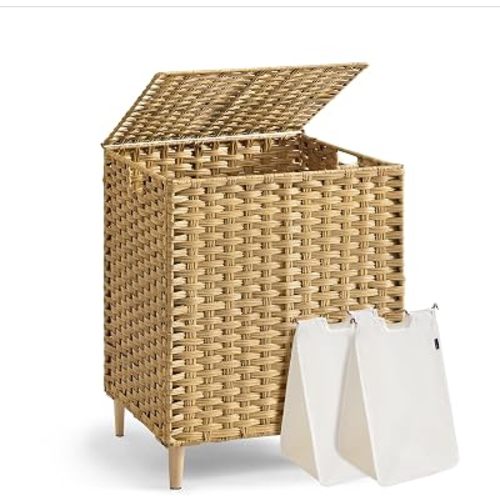 SONGMICS 2-Section Laundry Hamper with Lid, PE Rattan, 29 Gallons (110 L)
