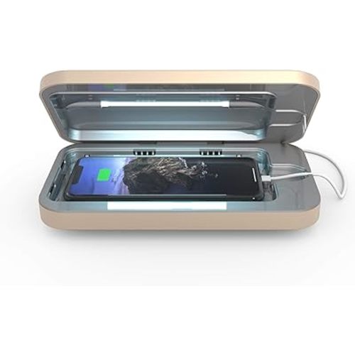 PhoneSoap 3 UV Cell Phone Sanitizer & Dual Universal Cell Phone Charger Box | Patented & Clinically Proven 360-Degree UV-C Light Sanitizer | Disinfects and Charges All Phones (Light Gold)