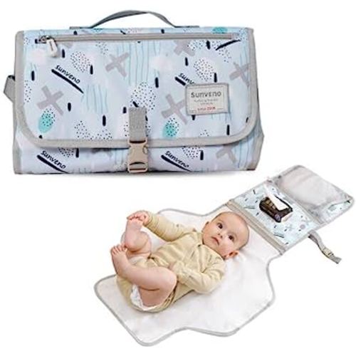 SUNVENO Portable Diaper Changing Pad for Baby, Travel Changing Mat with Wipes Dispenser Pocket, Waterproof EVA Foldable Diaper Clutch with Mesh Diaper Storage, Detachable Pad, Blue