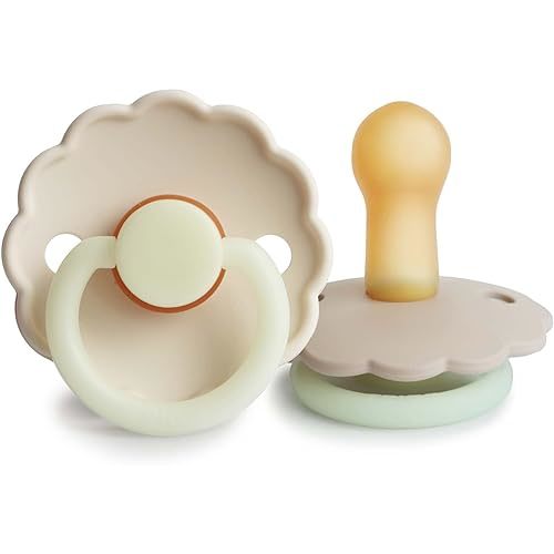FRIGG Daisy Night Natural Rubber Baby Pacifier | Made in Denmark | BPA-Free (Croissant/Cream, 6-18 Months) 2-Pack