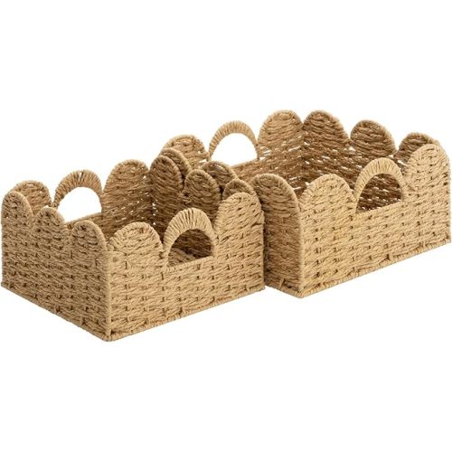 StorageWorks Scalloped Wicker Basket, Woven Baskets for Storage, Large Baskets with Handles, Paper Rope Basket for Organizing and Decor, 2 Pack