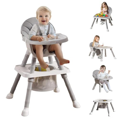 UNICOO 7 in 1 Convertible Baby High Chair, Toddler Highchair Converts to Activity Table and Chair Set, Removable Double Tray, 5-Point Harness, Storage Basket, Building Block Tabletop (Grey)