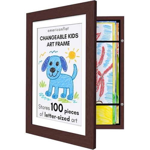 Americanflat Kids Artwork Frame Changeable (Mahogany) - Magnetic Door Holds 100 Art Pieces - 8.5x11 Letter Size Display with Mat or 10x12.5 Without Mat - My Mini Masterpiece