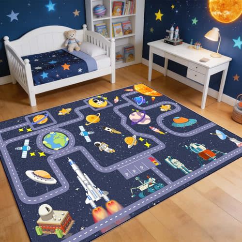 Outer Space Kid Rug，Boys Car Rug for Kids Toy Cars Have Fun Safely, Non-Slip Educational City Road Rugs Carpets for Kid Room Bedroom（59×39 in