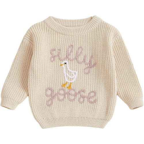 Toddler Baby Boy Girl Goose Outfit Silly Goose Embroidered Crewneck Long Sleeve Sweater Chunky Knit Fall Winter Tops
