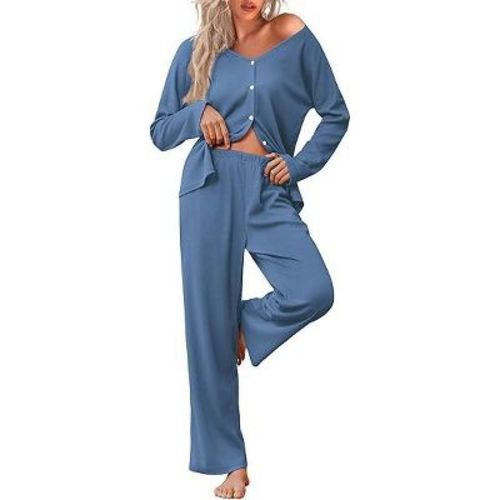 Ekouaer Womens Waffle Knit Pajamas Loungewear Two-piece Sleepwear Button-Down Pj Set with Pockets