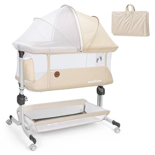 MOMFANN Baby Bassinet Bedside Sleeper, Upgraded Stability Bedside Crib with Full Mesh Sides, Soft Sheet, 6-Height Adjustment, Storage Basket, Easy Folding Portable Bassinet for Newborns, Beige