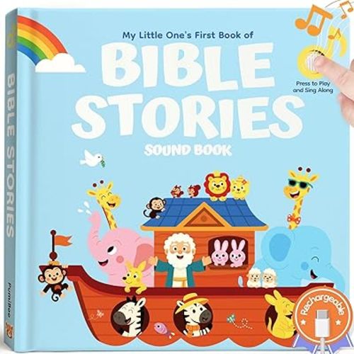 Bible Stories Christian Sound Books for Kids & Toddlers – 6 Christian Jesus Songs, Religious Christening and Baptism Gifts for Baby Boys, Rechargeable Music Song Books, Interactive Bible Toys