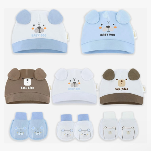 DOKMA Organic Cotton Baby Mittens and Caps Set with Adorable Bear Design for Newborn 0-6 Months, No Scratch, Ultra Soft - 5 Caps x 3 Mittens, Cute Blue