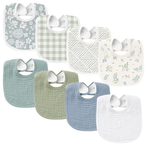 Konssy Muslin Baby Bibs 8 Pack Baby Bandana Drool Bibs Cotton for Unisex Boys Girls, 8 Solid Colors Set for Teething Drooling - Sage