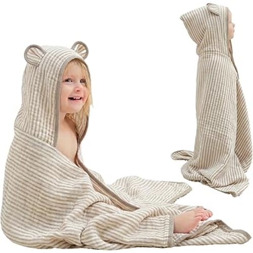 Ultra-Soft Muslin Toddler Hooded Towel – 55 x 28 Inches, Made with Organic Cotton, Gender-Neutral Warm Brown Striped Jacquard Pattern, Ideal for Bath & Beach, Newborn to Toddler
