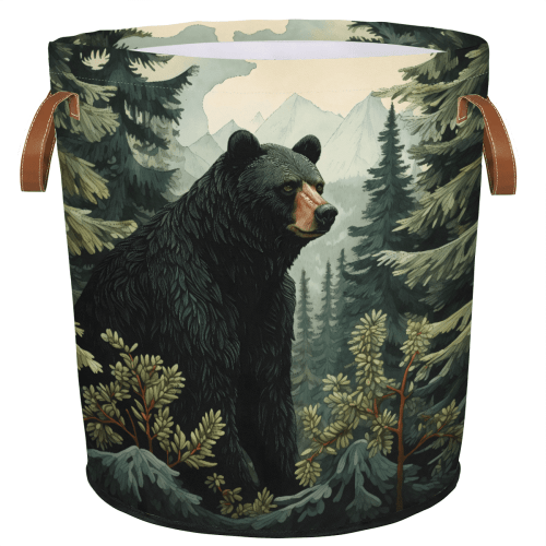 ADECORIVY Black Bear Forest Laundry Basket Waterproof Collapsible Hamper With Handles Oxford Cloth Dirty Clothes Tote for Bathroom, Bedroom, Living Room
