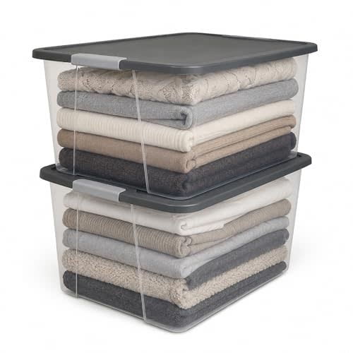 HOMZ Clear Plastic Storage Bin with Secure Latching Gray Lid, 64 Qt, 2 Pack | Heavy-Duty Stackable Containers, Large Organizer Box for Homes, Offices, and Garages