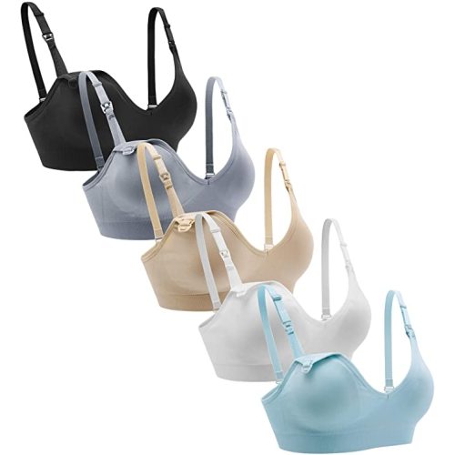 Suekaphin Nursing Bra 5pack Wireless Deep V Neck Maternity Nursing Bra Bralette Sleeping Breastfeeding with Extra Extenders - Large - Black/Nude/White/Gray/Lightblue