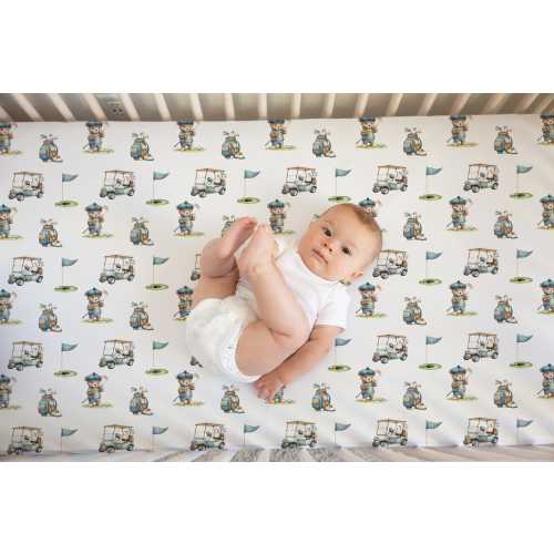 Golf Crib Sheet -Baby Boy Golf Nursery Bedding - Baby gift for Golfer- Teddy Bear Bedding- Golf cart pattern - Custom Golf Theme sh364