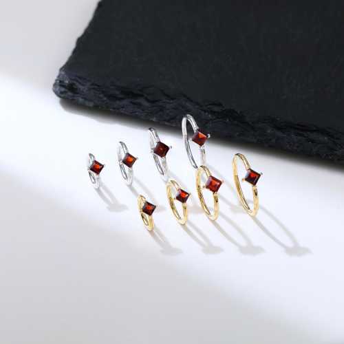 14K Gold Plated Red Garnet Hoop Earring, 925 Sterling Silver Square Red Gemstone Clicker, Silver Tragus Helix Conch Cartilage Hoop Clicker.