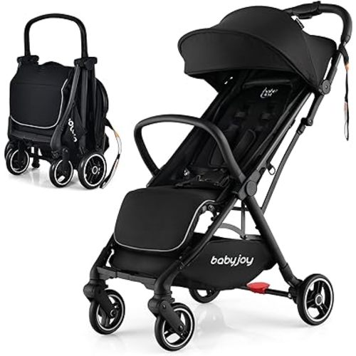 BABY JOY Lightweight Baby Stroller, Compact Travel Stroller for Airplane, Infant Toddler Stroller w/Adjustable Backrest & Canopy, Storage Basket, Self Standing Gravity Fold, Aluminium Frame (Black)