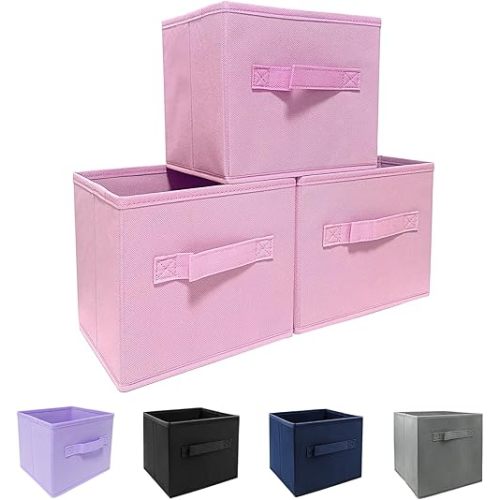 Pink Storage Bins 3Pack 9.0"x7.5"x7.5" Fabirc Foldable Closet Toy Organizer Collapsible Cloth