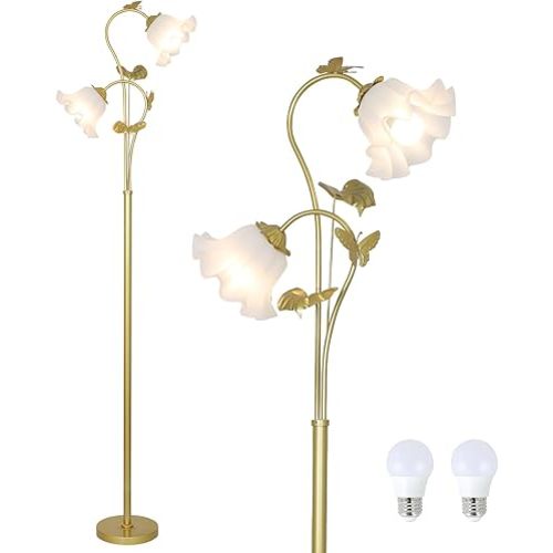 HMVPL Flower Floor Lamp for Living Room, Vintage Floor Lamp with 2 LED 5W Blubs, Foot Switch, Green Standing Lamp with Acrylic Shade, Unique Floral Tall Lamp for Living Room Bedroom Corner Office