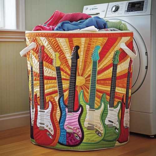 Hippie Guitar Rainbow Quilted Laundry Basket, Best Family Hamper Basket, Boho Retro Music Electric Guitar, Gift Ideas