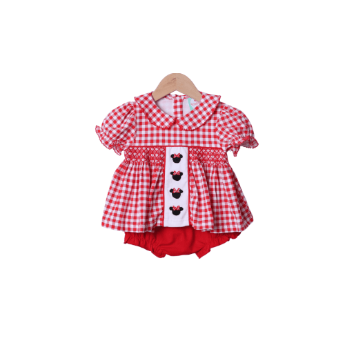Hand Embroidered Mouse Red Gingham Knit Bloomer Set