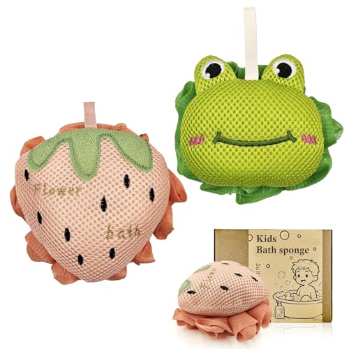 Kids Bath Sponge,Cute Kids Loofah Frog&Strawberry Shower Pouf,Soft Mesh Bath Loofah Fun Bath Accessories for Boys and Girls