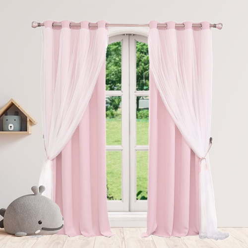 Pink Curtains 63 Inch Long- Blackout Curtains with Voile Sheer Drapes Thermal Pink Window Treatments with Tie-Backs for Kids/Girls Bedroom Nursery Living Room, Elegant, 1 Panel