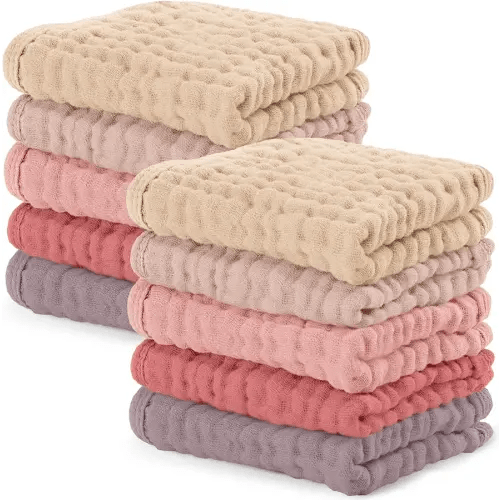 Comfy Cubs Muslin Baby Washcloths 10 Pack - Soft 6-Layer Cotton Wash Cloths for Sensitive Skin - 10"x10" Large, Gentle, Absorbent Infant Essentials for Newborn and Toddlers - Multi Girl