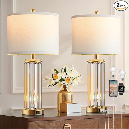 QiMH Gold Table Lamps for Bedroom Set of 2 with Nightlight, Modern Bedside Lamp with 2 USB A+C Charging Port, Clear Nightstand Lamp for Living Room White Shade Home Light Decor(LED Bulbs Included)