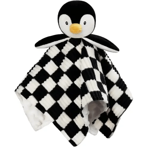 Baby Lovey Blanket for Boys Girls Super Soft Checkerboard Gingham with Minky Dot Fabric Backing Penguin Stuffed Animal Lovely Snuggle Toy Black 14 Inch