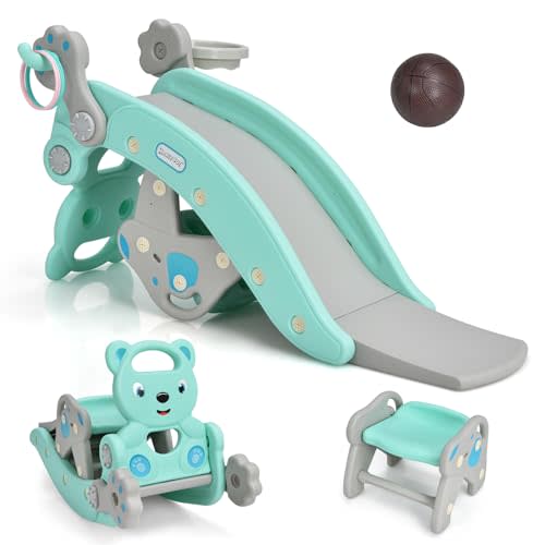 HONEY JOY Toddler Slide Rocking Toy, 6 in 1 Convertible Freestanding Slide for Kids w/Basketball Hoop/Ring Toss Game/Rocking Horse/Stool, Foldable Baby Climber Playground Slide for Indoors Outdoors