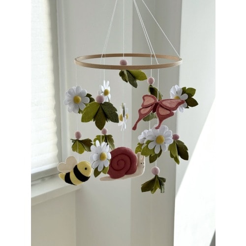 Baby Girl Mobile Insect Nursery Mobile with Snail, Butterfly, Bee, Caterpillar, Felt Flowers, Pink Balls Daisy Crib Mobile Woodland Theme