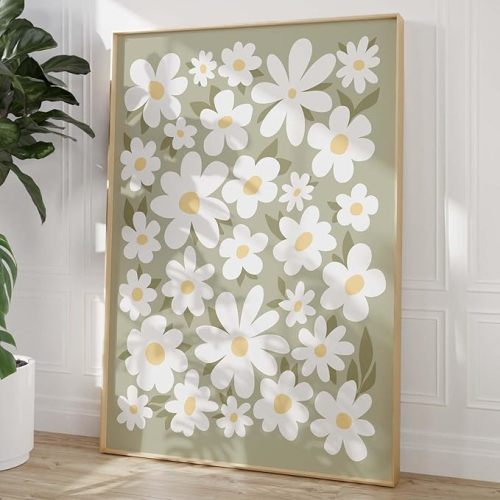Daisies Canvas Wall Art Modern Flower Painting White Daisy Picture Minimalist Flower Posters Green Floral Painting Rustic Botanical Wall Art White Flower Pictures for Living Room Bedroom 16x24in
