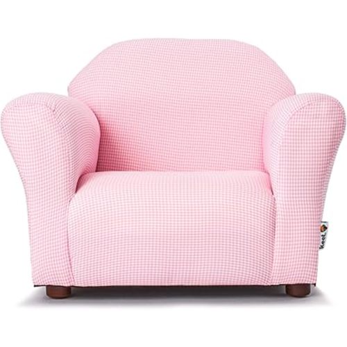 Keet Roundy Gingham Chair for Kids Upholstered Toddler Armchair for Ages 2–5, Sturdy Wooden Frame, Soft Durable Cotton Fabric, Lightweight, Fully Assembled, Ideal for Playrooms, Nurseries & Bedrooms.