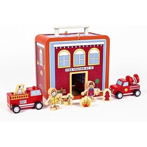 Jack Rabbit Creations Fire House Suitcase Playset - Wooden Fire Station Playset, 15 Pieces - Ages 3+