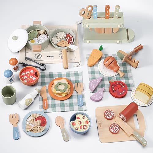Wooden Play Cooking Set & Play Knife Set, Pretend Play Kitchen Accessories Toys Set for Kids Toddlers