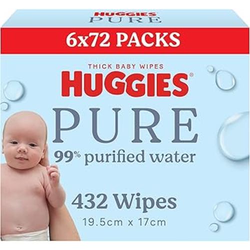 Huggies Pure Baby Wipes 99% Purified Water 432 Count (6 x 72 Pack) - Packaging May Vary