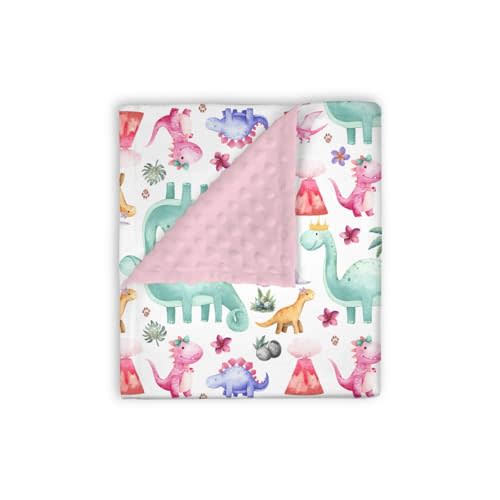 Mink Baby Girls Blankets Pink Dinosaurs, Cute Dino Lover Tropical Soft Double Layer Dotted Backing Receiving Swaddle, Newborn Infant Toddler Nursery Crib Bedding Shower Gift 30" x 40"